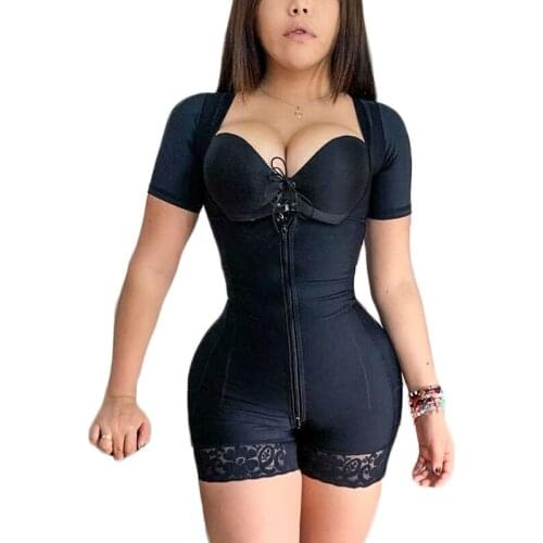 Short Sleeve Tummy Control Bodysuit Bodyshaper Slimming Fajas Lace With Zipper Garments Shapewear Liposuction Compression