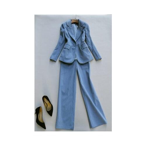 Fashion pants suit female spring New high quality corduroy retro Leisure business suit women + straight wide leg pants two sets
