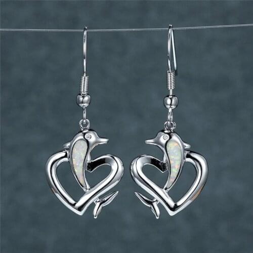 Fashion Animal Dangle Earrings Cute Dolphin White Blue Opal Drop Earrings Vintage Silver Color Hollow Heart Earrings For Women