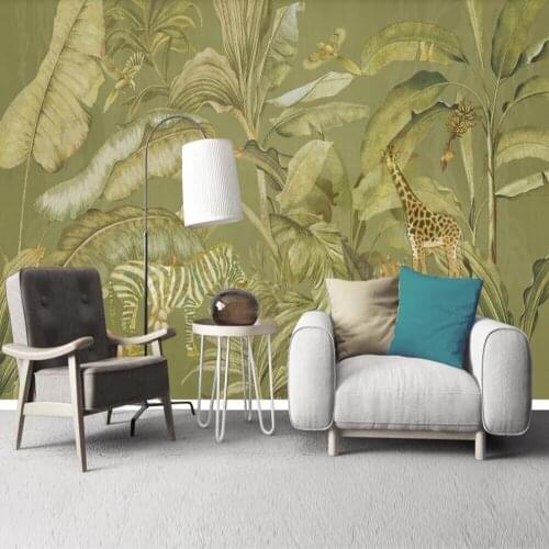 Custom 3D wallpaper mural Nordic minimalist hand-painted retro tropical plant zebra giraffe background wall decoration painting