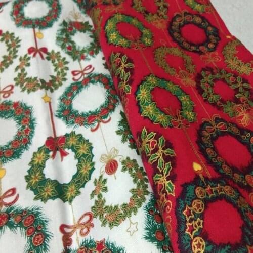 100% Cotton viaPhil Brand White Red Gold Stamping Christmas Wreath Flower Cotton Fabric Christmas Patchwork Home Decor