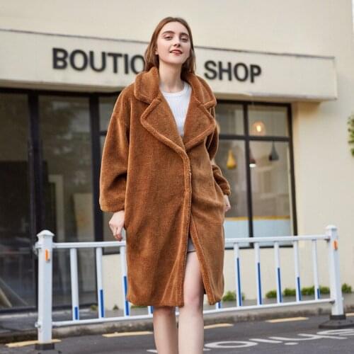 Savabien Vintage Furry Lambswool Teddy Coat Long Faux Fur Coat 2019 Winter Women Lapel Long Sleeve Warm Elegant Faux Fur Jackets
