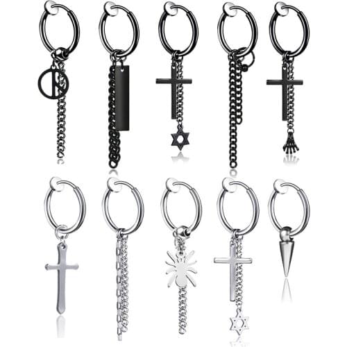 1piece New Punk Stainless steel Clip Earrings Cross Star Tassel Pendant For Women Fashion Punk Hip hop Ear Jewelry Gifts