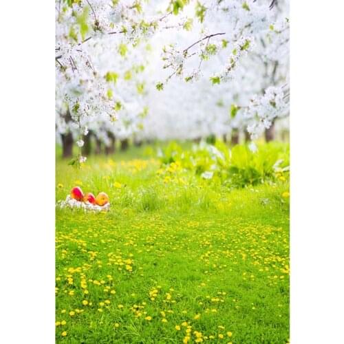 TR White Flower Tree Vinyl Cloth 1.5x2.2m Backdrops Wedding 5X7ft Green Grass Meadow Flowers Photo Studio Background Backdrops