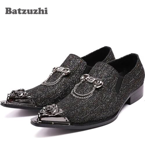 Batzuzhi Fashion Italy Style Men Shoes Pointed Toe Sequins Leather Dress Shoes Man with Chain Low Heels Zapatos Oxford Hombre