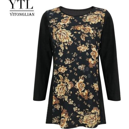 Yitonglian Women Long Sleeve Floral Print Patchwork Tunic Tops Casual Plus Size T-shirt Female Tops H404
