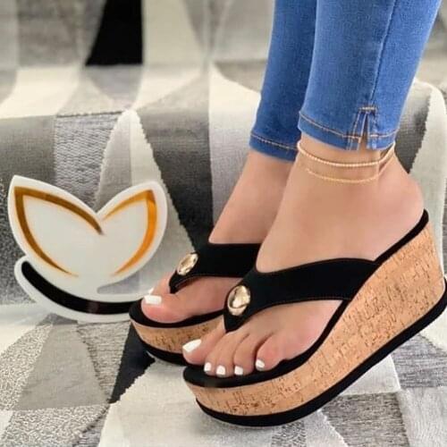 Flip Flops Solid High Heel Wedges With Button Platform Summer cozy 2021 New Arrivals Hot Sale big size 43 Women Fashion slippers