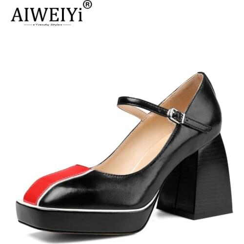 AIWEIYi Spring Fashion Catwalks Single Shoes Waterproof Platform High Heels Mix Color Cow Leather Thick High Heels