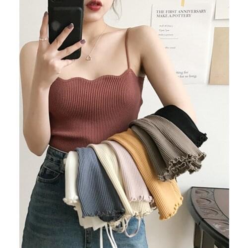 Korean chic basic solid wave sling solid knitted vest womens 2021 summer sleeveless top Solid color pullover traf топ crop top
