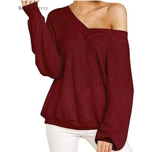 Merry Pretty Womens Deep V-Neck Off Shooulder Sexy Knitted Sweater 2020 Spring New Long Sleeve Solid Jumpers Kniting Outwear