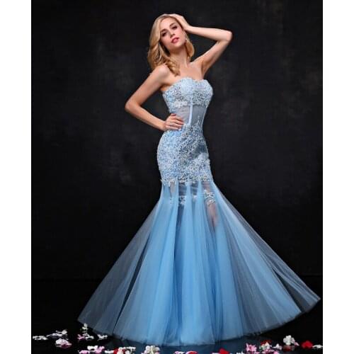 JaneVini 2019 Blue Mermaid Girls Prom Dress Beaded See Through Tight Fitted Lace Tulle Wedding Party Long Bridesmaids Dresses