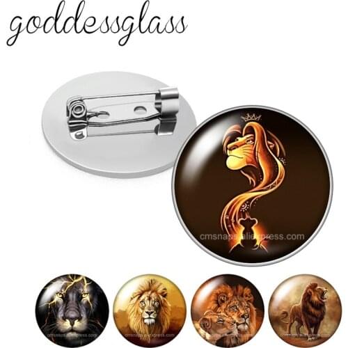 Animal Lion King Round Glass cabochon Silver color Brooch Dome Photo Jewelry Brooches Pin For Gift