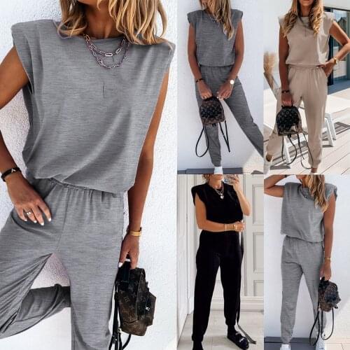 2021 Women Workout Black 2 Piece Sport Set Sweatpants Shoulder Pad Sleeveless Top And Long Pants Two Piece Set Suits Streetwear
