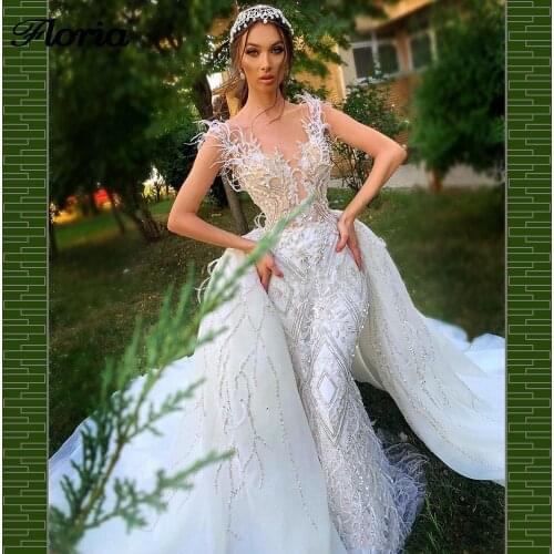 White Feathers Wedding Dresses 2020 Detachable Skirt Beaded Handmade Muslim Bridal Gowns Dubai Arabic Bride Dress Robe De Mariee