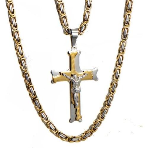 Large Stainless steel Gold Byzantine Chain Necklace religious Jesus Christ Cross Pendant 41*64mm