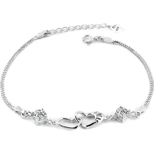 S925 Sterling Silver Double Heart Interlocking Bracelet Womens Fashion Inlaid Diamond Bracelet Bracelets Engagement Jewelry