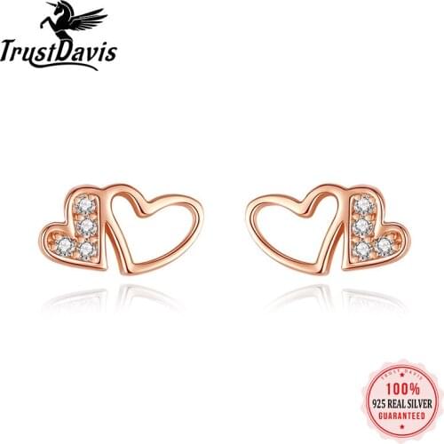 ElfoPlataSi 100% 925 Solid Real Sterling Silver Jewelry Hollow Out Heart With CZ Stud Earring For Girl Friend Kid Lady XY1276