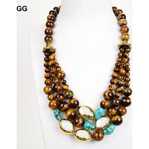 GuaiGuai Jewelry 20'' 3 Strands White Keshi Pearl Tigers Eye Turquoise Necklace
