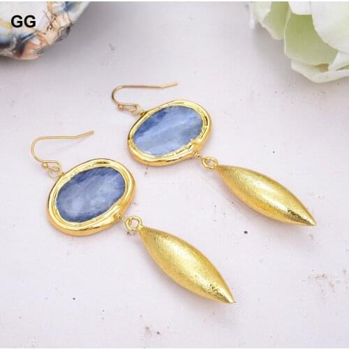 GuaiGuai Jewelry Natural Blue Kyanite Gold Plated Edge Brushed Bead Drop Stud Earrings