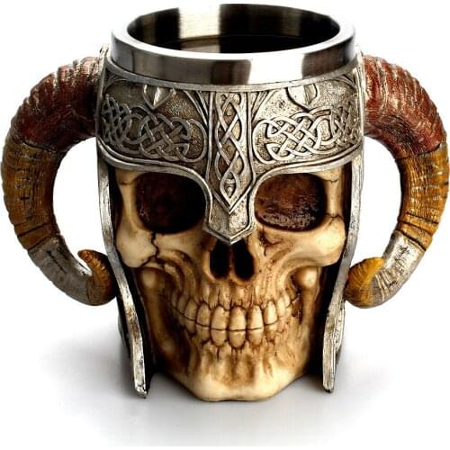 New 304 Stainless Steel Coffee Cup Resin Skull Mug With Antelope Horn Handles Double Wall Halloween Cup Tankard Drinkware