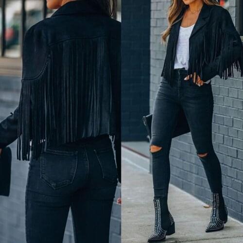 Fringed Bomber Jacket Women Spring Fall Fashion Long Sleeve Turn-down Collar Open Stitch Slim Jackets Faux Leather Tassel Coat