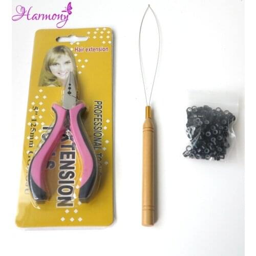 1 bag/200pcs Micro Links/Beads+1pc Loop Pulling Needle+1pc Pink 3 holes Hair Extension Plier Hair Extensions Tool Kits Set