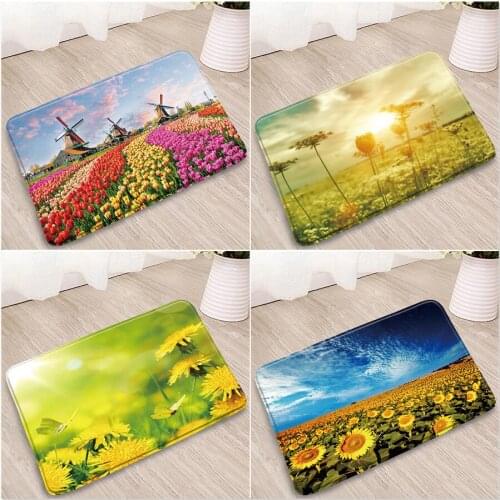 Natural Scenery Bathroom Mat Flowers Field Yellow Sunflower Daisy Tulip Farm Doorway Kitchen balcony Bath Vintage Non-Slip Rugs