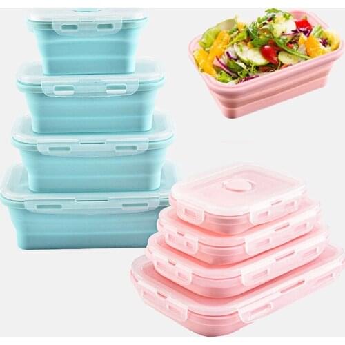 Microwavable Portable Collapsible Silicone Lunch Box for kids Food Storage Container Bento Free Picnic Camping Rectangle Outdoor