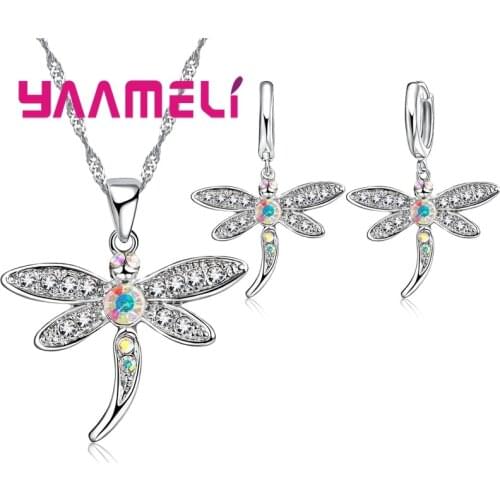 Real 925 Sterling Silver AB Colored Cubic Zircon Necklace Earrings Jewelry Sets for Women Girls CZ Crystal Dragonfly