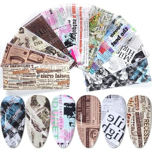10pcs Vintage Newspaper Nail Foil Transfer Sticker Letters Ticket Map Decal 20*4cm Starry Paper Lacquer Wrap Decoration SA1565-1