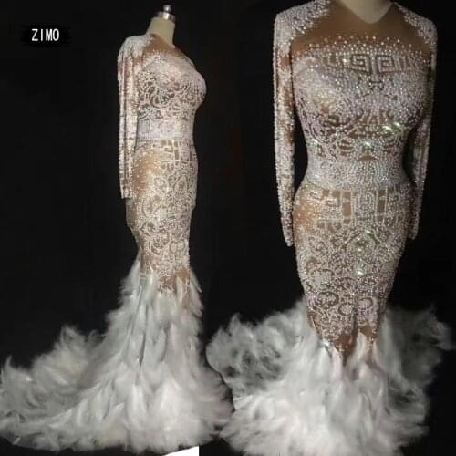Long Sleeves Feather Dress Mermaid sparkly diamond pearl dance sexy womens Stage Birthday wedding party spandex concert outfits