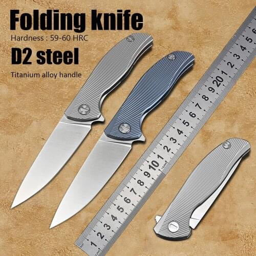 Titanium Handle Utility Self Defense Weapons Outdoor Camping EDC Hand Tool Tactical Survival Hunting Pocket Folding Knife D2