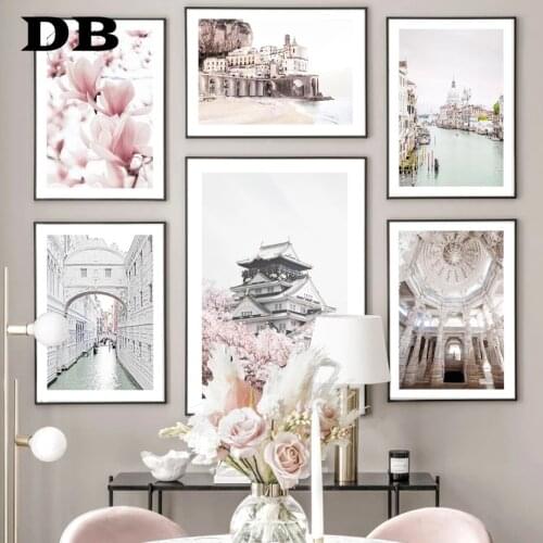 Venice Canal Pink Flower Amalfi Beach Hall Dome Wall Art Print Canvas Painting Nordic Poster Wall Pictures For Living Room Decor