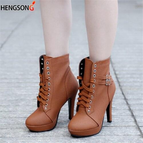 Plus Size Ankle Boots For Women Platform High Heels Female Lace Up Shoes Women Buckle Short Boot Casual Ladies Footwear