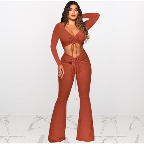 Women Knitted Tracksuit Ruched Drawstring Long Sleeve Crop Top and Low Wiast Bell Bottom Pant Spring Autumn Two Piece Sweatsuit