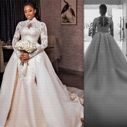 New Arrival 2 in 1 African Mermaid Wedding Dresses 2021 Sexy High Neck Arabic Bridal Gowns Long Sleeves Lace Robe De Mariee
