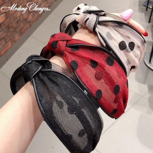 1PC New Simple Wide Side Headbands For Woman Fashion Hair Hoop Polka Dot Knotted Mesh Hair Bezel Hairband Retro Hair Accessories