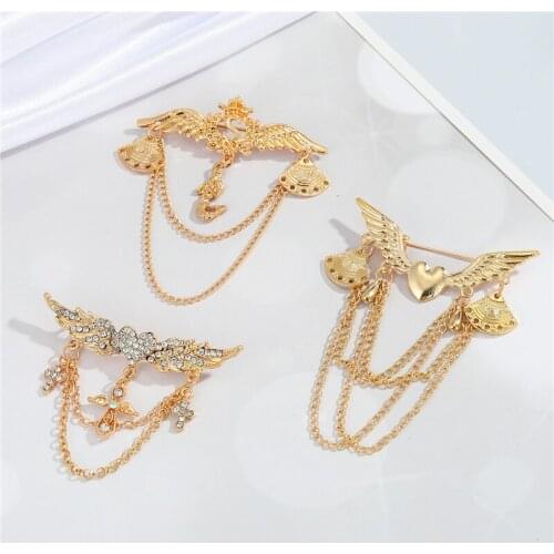 1PC Punk Crystal Heart Wing Chain Brooches For Women Vintage Metal Cupid Cross Long Tassel Pendant Badge Pin Jewelry Gift P127