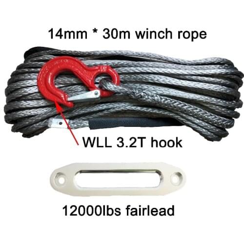 14mm x 30m Synthetic Plasma UHMWPE Winch Line Rope Cable with Hook and Hawse Hairlead
