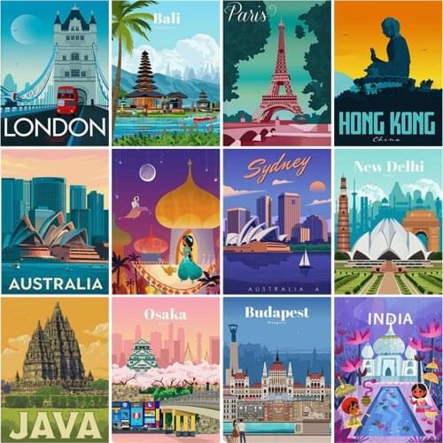 5D Diamond Painting Travel City Cross Stitch Full Round Drill Amsterdam Bali Barcelona Paris City Diamond Embroidery Wall Art