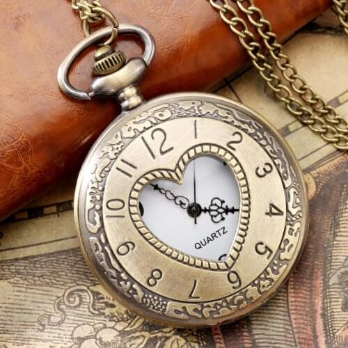Retro Hollow Heart Alloy Case White Dial Quartz Pocket Watch Women Men Pendant Chain Vintage Watches Gift for Dad Mum Relogios