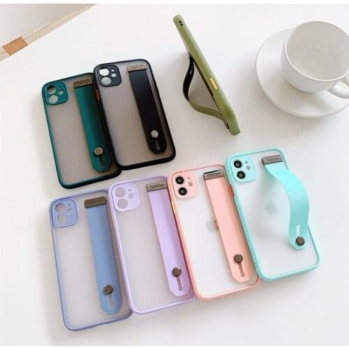 Candy Color Shockproof Bumper Transparent Phone case For iPhone 11 12Mini Pro XR XS Max 8 7 Plus SE Wrist Strap stand Back Cover