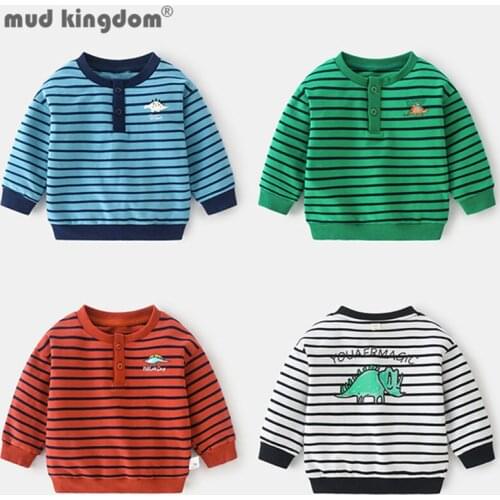 Mudkingdom Little Boys Striped Sweatshirts Crew Neck Cartoon Dinosaur Buttons Long Sleeve Pullover Tops for Kids Spring Autumn
