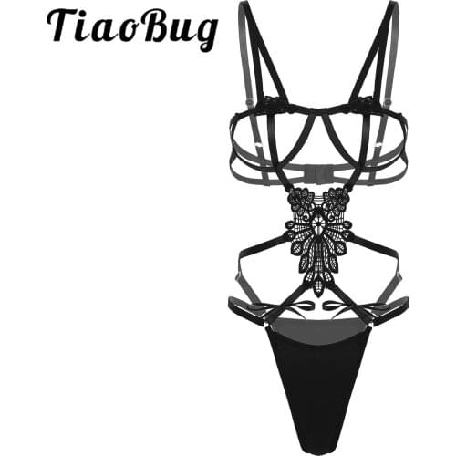 Erotic Sexy Bodysuit Embroidered Sleepwear for Womens Ladies Hollow Out Hot Sexy Costume Bowknot Strappy Lingeries Bodysuit