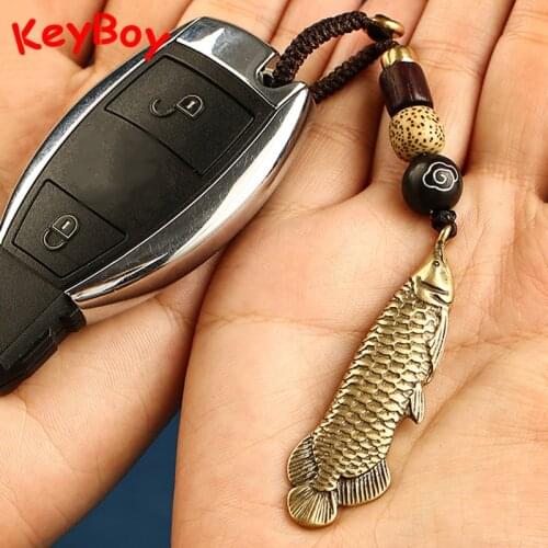 Dragon Fish Figurine Pendants for Keychain Pure Brass Arowana Car Key Chain Lanyard Hangings Jewelry Vintage Lucky Rope Keyrings