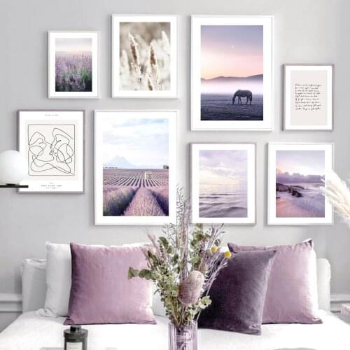 Purple Sea Waves Cloud Field Tree Flower Horse Grass Nordic Poster Wall Art Print Canvas Painting Decor Pictures For Living Room