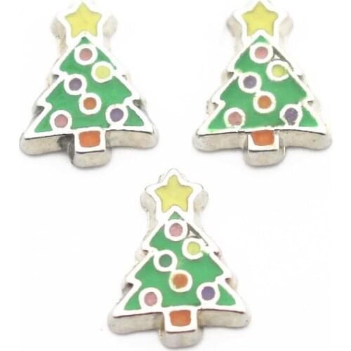 Hot Sale 10pcs/lot Metal Enamel Christmas Tree Floating Charms For Living Glass Floating Lockets Bracelet Necklace DIY Jewelry