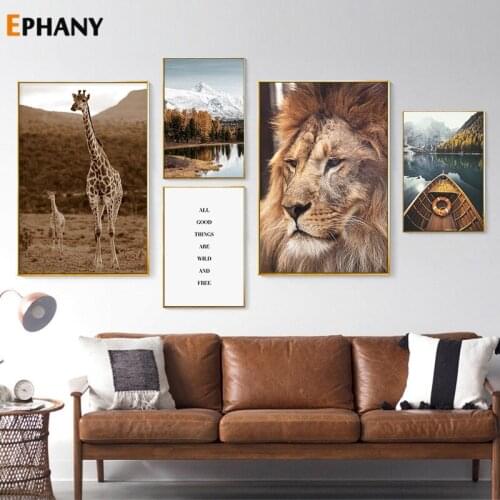 Snow Mountain Lake Boat Nature Landscape Wall Art Nordic Wild Animal Lion Giraffe Canvas Painting Pictures for Living Room