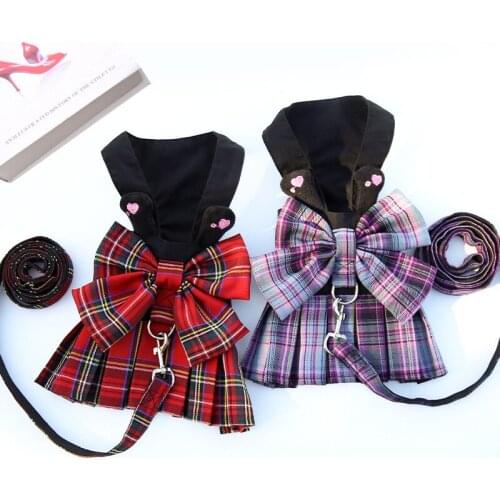Plaid Dog Dress with Leash Set for Small Dogs Puppy Cat Harness Vest Chihuahua Yorkie Shih Tzu Skirt Dog Clothes Pet Supplies
