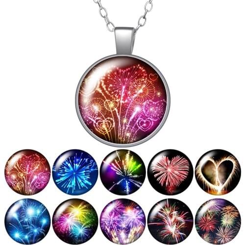 Colorful Fireworks Beauty Round Pendant Necklace 25mm Glass Cabochon Women Girl Jewelry Party Birthday Gift 50cm